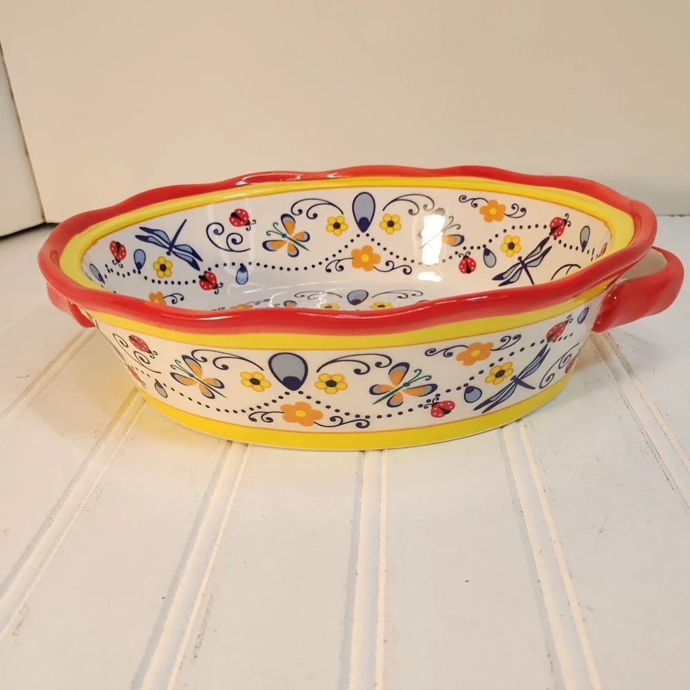 Temptations By Tara 1 Qt Casserole Baking Dish Spring Meadow & Serving Stand